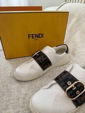 Fendi White Leather Sneakers with Brown FF Logo Strap and Gold Buckle